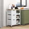 Dining Rolling Kitchen Island, White, with Wood Top, Shelves & Drawers